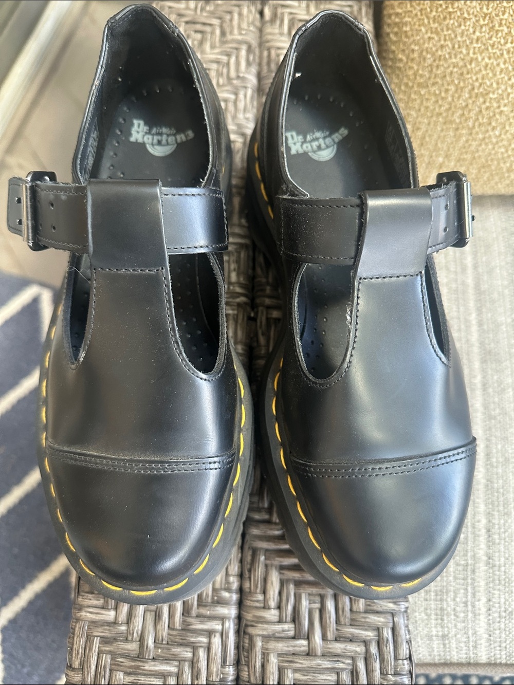 Dr. Martens Black T‑Bar Mary Jane Shoes with Yellow Stitching